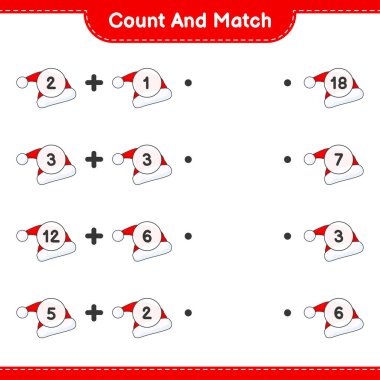 Say ve eşleştir, Santa Hat 'ın sayısını say ve doğru numaralarla eşleştir. Eğitimsel çocuk oyunu, yazdırılabilir çalışma tablosu, vektör illüstrasyonu