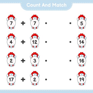 Say ve eşleştir, hediye kutusunun sayısını say ve doğru numaralarla eşleştir. Eğitimsel çocuk oyunu, yazdırılabilir çalışma tablosu, vektör illüstrasyonu