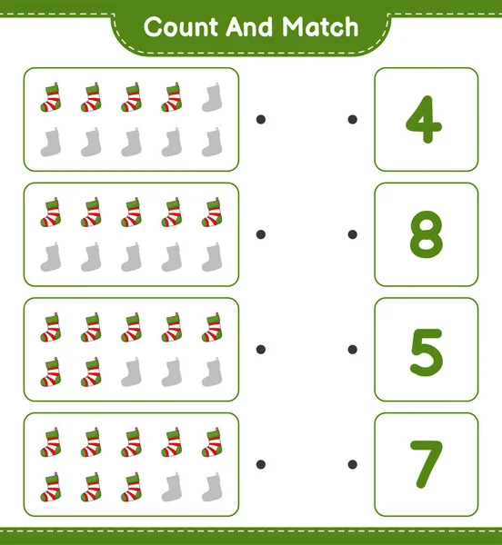 숫자와 숫자를 크리스마스 양말의 개수를 숫자와 교육용 인쇄용 작업복 — 스톡 벡터