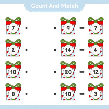 Say ve eşleştir, hediye kutusunun sayısını say ve doğru numaralarla eşleştir. Eğitimsel çocuk oyunu, yazdırılabilir çalışma tablosu, vektör illüstrasyonu