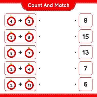 Say ve eşleştir, Noel balosunun sayısını say ve doğru numaralarla eşleştir. Eğitimsel çocuk oyunu, yazdırılabilir çalışma tablosu, vektör illüstrasyonu
