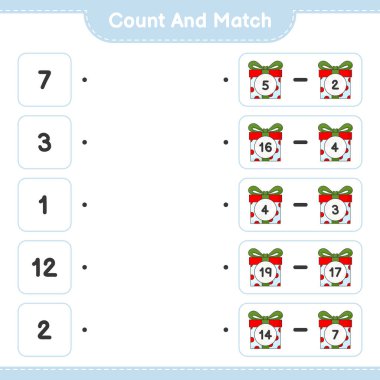 Say ve eşleştir, hediye kutusunun sayısını say ve doğru numaralarla eşleştir. Eğitimsel çocuk oyunu, yazdırılabilir çalışma tablosu, vektör illüstrasyonu