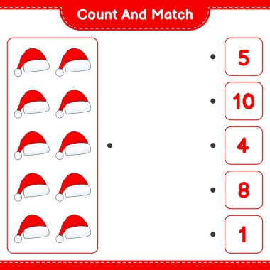 Say ve eşleştir, Santa Hat 'ın sayısını say ve doğru numaralarla eşleştir. Eğitimsel çocuk oyunu, yazdırılabilir çalışma tablosu, vektör illüstrasyonu