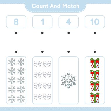 Say ve eşleştir, Ribbon, Snowflake, Gift Box 'ı say ve doğru numaralarla eşleştir. Eğitimsel çocuk oyunu, yazdırılabilir çalışma tablosu, vektör illüstrasyonu