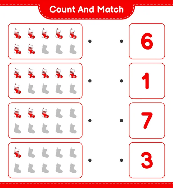 计数和匹配 计数圣诞袜的数量和匹配与正确的数字 教育儿童游戏 可打印工作表 矢量图解 — 图库矢量图片