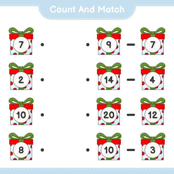 Say ve eşleştir, hediye kutusunun sayısını say ve doğru numaralarla eşleştir. Eğitimsel çocuk oyunu, yazdırılabilir çalışma tablosu, vektör illüstrasyonu