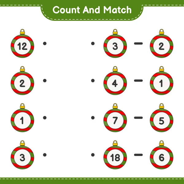 カウントして一致させ クリスマスボールの数を数え 正しい数と一致させます 教育用子供ゲーム 印刷可能なワークシート ベクトルイラスト — ストックベクタ