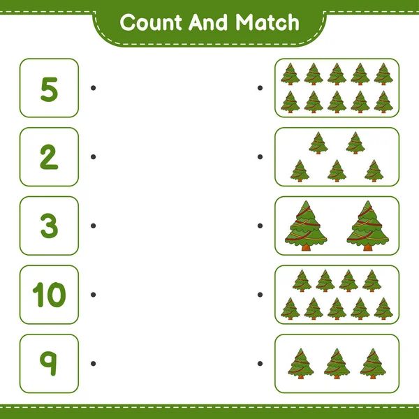 カウントして一致させ クリスマスツリーの数を数え 正しい数と一致させます 教育用子供ゲーム 印刷可能なワークシート ベクトルイラスト — ストックベクタ