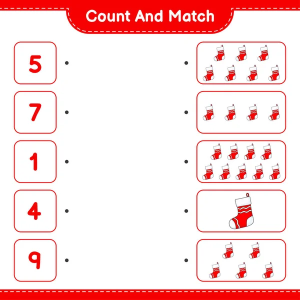 计数和匹配 计数圣诞袜的数量和匹配与正确的数字 教育儿童游戏 可打印工作表 矢量图解 — 图库矢量图片