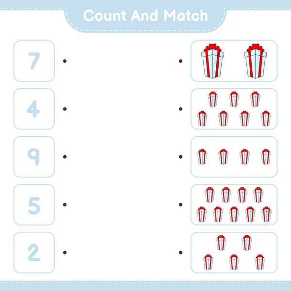 计数和匹配 计数礼品盒的数量 并与正确的数字匹配 教育儿童游戏 可打印工作表 矢量图解 — 图库矢量图片