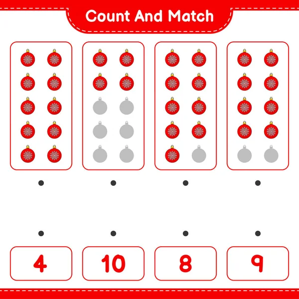 计数和匹配 计数的数量的圣诞球和匹配与正确的数字 教育儿童游戏 可打印工作表 矢量图解 — 图库矢量图片