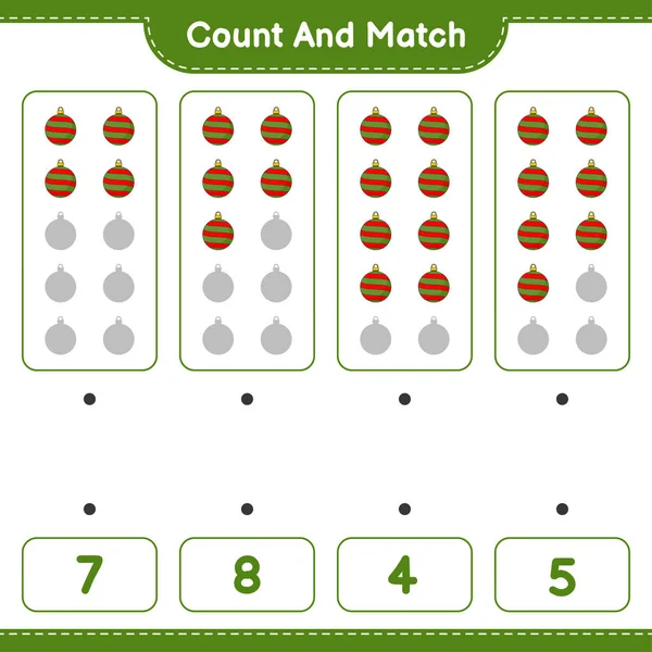 计数和匹配 计数的数量的圣诞球和匹配与正确的数字 教育儿童游戏 可打印工作表 矢量图解 — 图库矢量图片