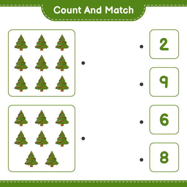カウントして一致させ クリスマスツリーの数を数え 正しい数と一致させます 教育用子供ゲーム 印刷可能なワークシート ベクトルイラスト — ストックベクタ