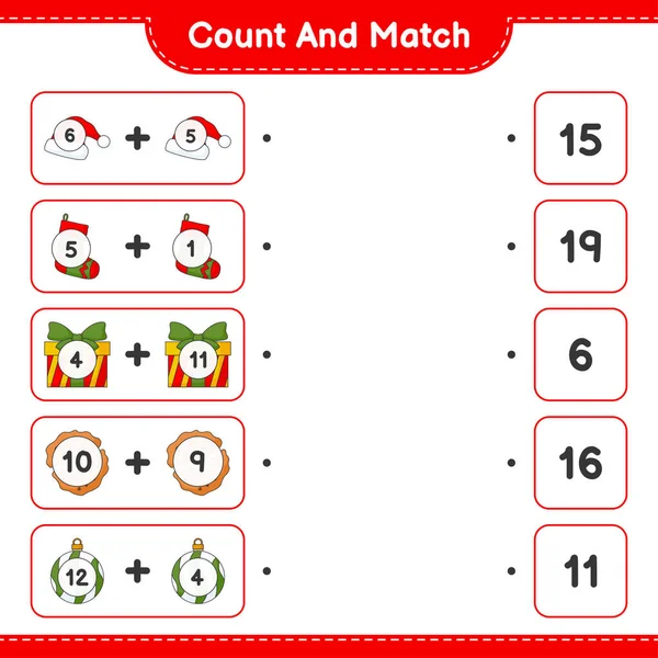 カウントして一致し クリスマスボール ギフトボックス クッキーの数をカウントし 適切な数と一致します 教育用子供ゲーム 印刷可能なワークシート ベクトルイラスト — ストックベクタ