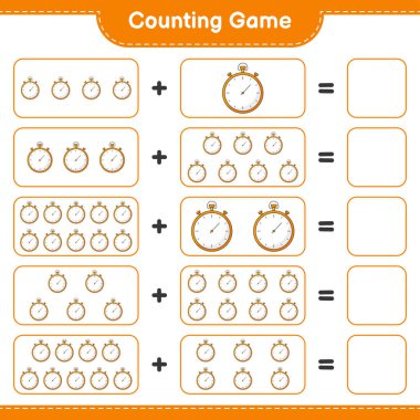 Say ve eşleştir, Kronometre sayısını say ve doğru numaralarla eşleştir. Eğitimsel çocuk oyunu, yazdırılabilir çalışma tablosu, vektör illüstrasyonu