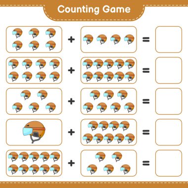 Say ve eşleştir, Hokey Miğferinin sayısını say ve doğru numaralarla eşleştir. Eğitimsel çocuk oyunu, yazdırılabilir çalışma tablosu, vektör illüstrasyonu