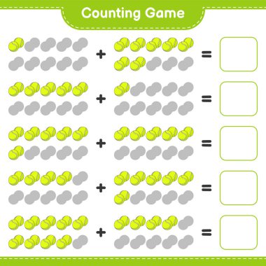 Say ve maç, Tenis Topunun sayısını say ve doğru numaralarla maç yap. Eğitimsel çocuk oyunu, yazdırılabilir çalışma tablosu, vektör illüstrasyonu