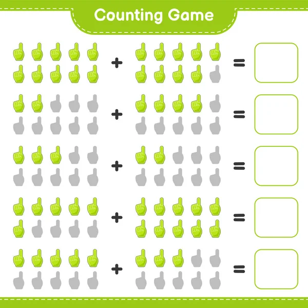 Say ve eşleştir, köpük parmak sayısını say ve doğru numaralarla eşleştir. Eğitimsel çocuk oyunu, yazdırılabilir çalışma tablosu, vektör illüstrasyonu
