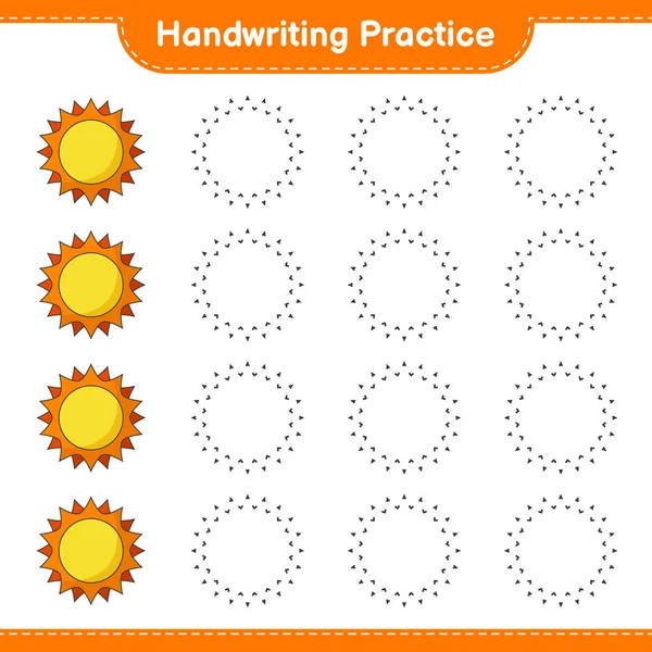手写体练习追踪太阳的线条教育儿童游戏 可打印工作表 矢量图解 — 图库矢量图片