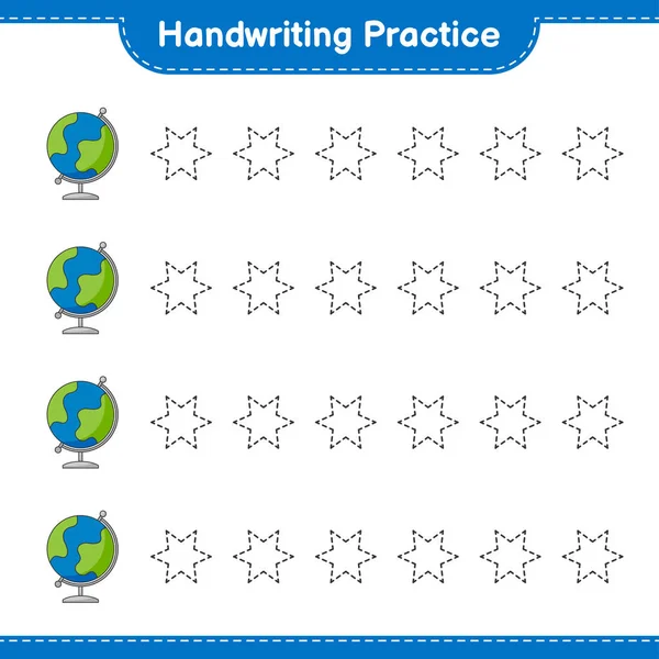 Handwriting Practice Tracing Lines Globe Educational Children Game Printable Worksheet — Stock Vector