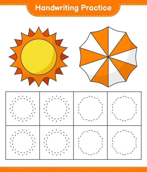 手写体练习追踪太阳和雨伞的线条教育儿童游戏 可打印工作表 矢量图解 — 图库矢量图片