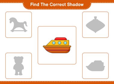 Doğru gölgeyi bul. Teknenin doğru gölgesini bul ve eşleştir. Eğitimsel çocuk oyunu, yazdırılabilir çalışma tablosu, vektör illüstrasyonu