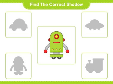 Doğru gölgeyi bul. Robot Karakteri 'nin doğru gölgesini bul ve eşleştir. Eğitimsel çocuk oyunu, yazdırılabilir çalışma tablosu, vektör illüstrasyonu