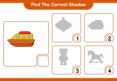 Doğru gölgeyi bul. Teknenin doğru gölgesini bul ve eşleştir. Eğitimsel çocuk oyunu, yazdırılabilir çalışma tablosu, vektör illüstrasyonu