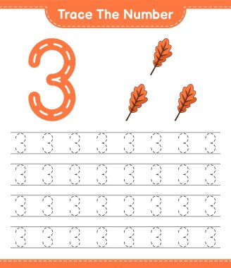 Numarayı takip et. Meşe Yaprağı 'nın takip numarası. Eğitimsel çocuk oyunu, yazdırılabilir çalışma tablosu, vektör illüstrasyonu