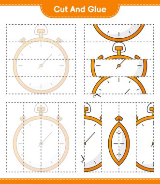 Kes ve yapıştır, Kronometre 'nin parçalarını kes ve yapıştır. Eğitimsel çocuk oyunu, yazdırılabilir çalışma tablosu, vektör illüstrasyonu