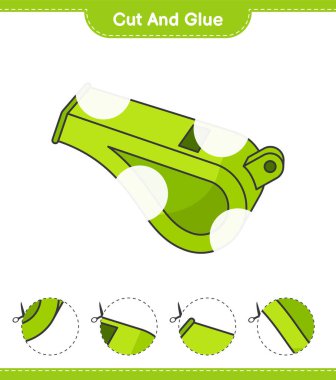 Kes ve yapıştır, Whistle 'ın parçalarını kes ve yapıştır. Eğitimsel çocuk oyunu, yazdırılabilir çalışma tablosu, vektör illüstrasyonu