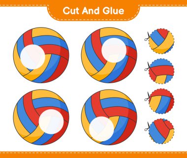 Kes ve yapıştır, voleybol parçalarını kes ve yapıştır. Eğitimsel çocuk oyunu, yazdırılabilir çalışma tablosu, vektör illüstrasyonu