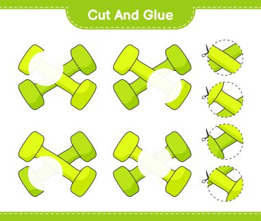 Kes ve yapıştır, Dumbbell 'ın parçalarını kes ve yapıştır. Eğitimsel çocuk oyunu, yazdırılabilir çalışma tablosu, vektör illüstrasyonu