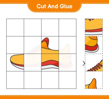 Kes ve yapıştır, Koşan Ayakkabılar 'ın parçalarını kes ve yapıştır. Eğitimsel çocuk oyunu, yazdırılabilir çalışma tablosu, vektör illüstrasyonu