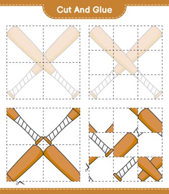 Kes ve yapıştır, beyzbol sopasının parçalarını kes ve yapıştır. Eğitimsel çocuk oyunu, yazdırılabilir çalışma tablosu, vektör illüstrasyonu