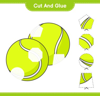 Kes ve yapıştır, Tenis topunun parçalarını kes ve yapıştır. Eğitimsel çocuk oyunu, yazdırılabilir çalışma tablosu, vektör illüstrasyonu