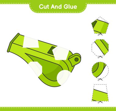 Kes ve yapıştır, Whistle 'ın parçalarını kes ve yapıştır. Eğitimsel çocuk oyunu, yazdırılabilir çalışma tablosu, vektör illüstrasyonu