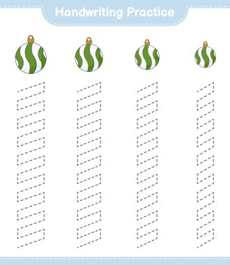 El yazısı pratiği. Noel balosunun iz sürme çizgileri. Eğitimsel çocuk oyunu, yazdırılabilir çalışma tablosu, vektör illüstrasyonu