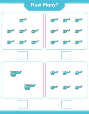 Oyun sayıyorum, kaç helikopter var? Eğitimsel çocuk oyunu, yazdırılabilir çalışma tablosu, vektör illüstrasyonu