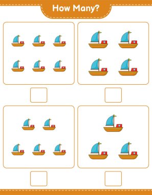Maç sayısı, kaç tekne. Eğitimsel çocuk oyunu, yazdırılabilir çalışma tablosu, vektör illüstrasyonu