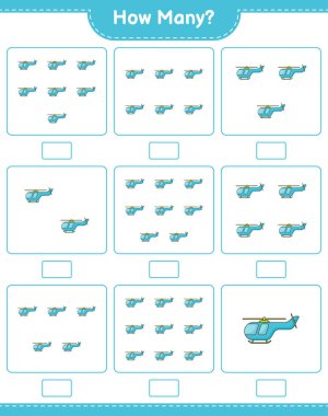 Oyun sayıyorum, kaç helikopter var? Eğitimsel çocuk oyunu, yazdırılabilir çalışma tablosu, vektör illüstrasyonu