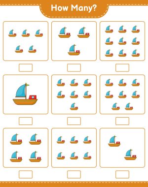 Maç sayısı, kaç tekne. Eğitimsel çocuk oyunu, yazdırılabilir çalışma tablosu, vektör illüstrasyonu
