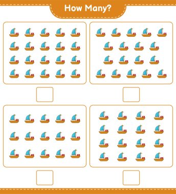 Maç sayısı, kaç tekne. Eğitimsel çocuk oyunu, yazdırılabilir çalışma tablosu, vektör illüstrasyonu