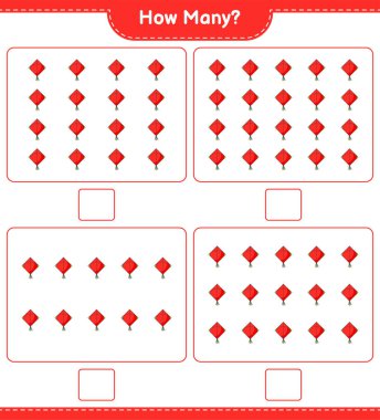 Sayma oyunu, kaç Kite. Eğitimsel çocuk oyunu, yazdırılabilir çalışma tablosu, vektör illüstrasyonu