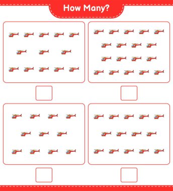 Oyun sayıyorum, kaç helikopter var? Eğitimsel çocuk oyunu, yazdırılabilir çalışma tablosu, vektör illüstrasyonu
