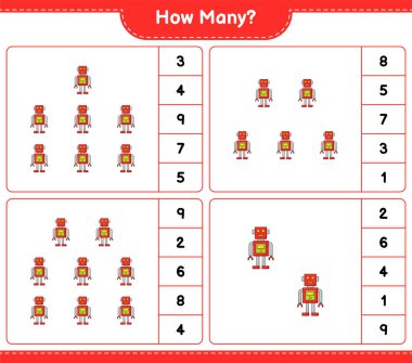 Oyun sayılıyor, kaç Robot Karakteri. Eğitimsel çocuk oyunu, yazdırılabilir çalışma tablosu, vektör illüstrasyonu