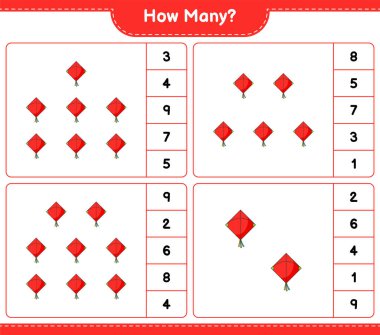 Sayma oyunu, kaç Kite. Eğitimsel çocuk oyunu, yazdırılabilir çalışma tablosu, vektör illüstrasyonu
