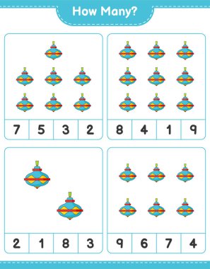 Oyun sayıyorum, kaç tane Whirligig oyuncağı var. Eğitimsel çocuk oyunu, yazdırılabilir çalışma tablosu, vektör illüstrasyonu
