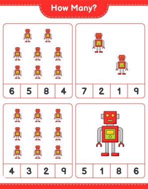Oyun sayılıyor, kaç Robot Karakteri. Eğitimsel çocuk oyunu, yazdırılabilir çalışma tablosu, vektör illüstrasyonu