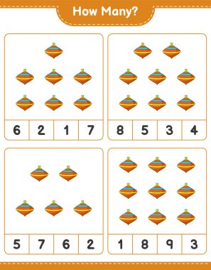 Oyun sayıyorum, kaç tane Whirligig oyuncağı var. Eğitimsel çocuk oyunu, yazdırılabilir çalışma tablosu, vektör illüstrasyonu